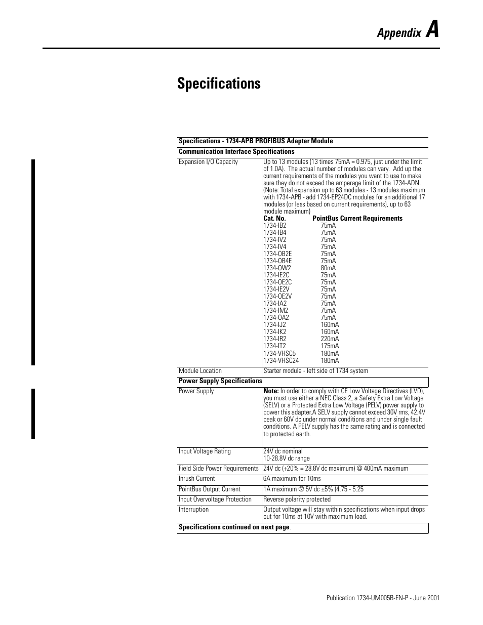 Appendix a, Specifications, Specifications - 1734-apb profibus adapter module | Communication interface specifications, Appendix | Rockwell Automation 1734-APB Point I/O Profibus Adapter Module User Manual | Page 63 / 88