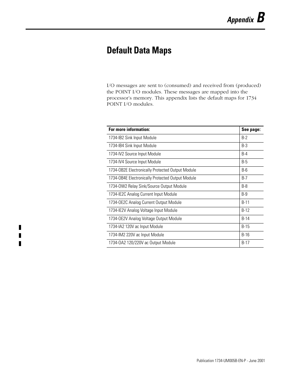 Appendix b, Default data maps, Appendix | Rockwell Automation 1734-APB Point I/O Profibus Adapter Module User Manual | Page 65 / 88