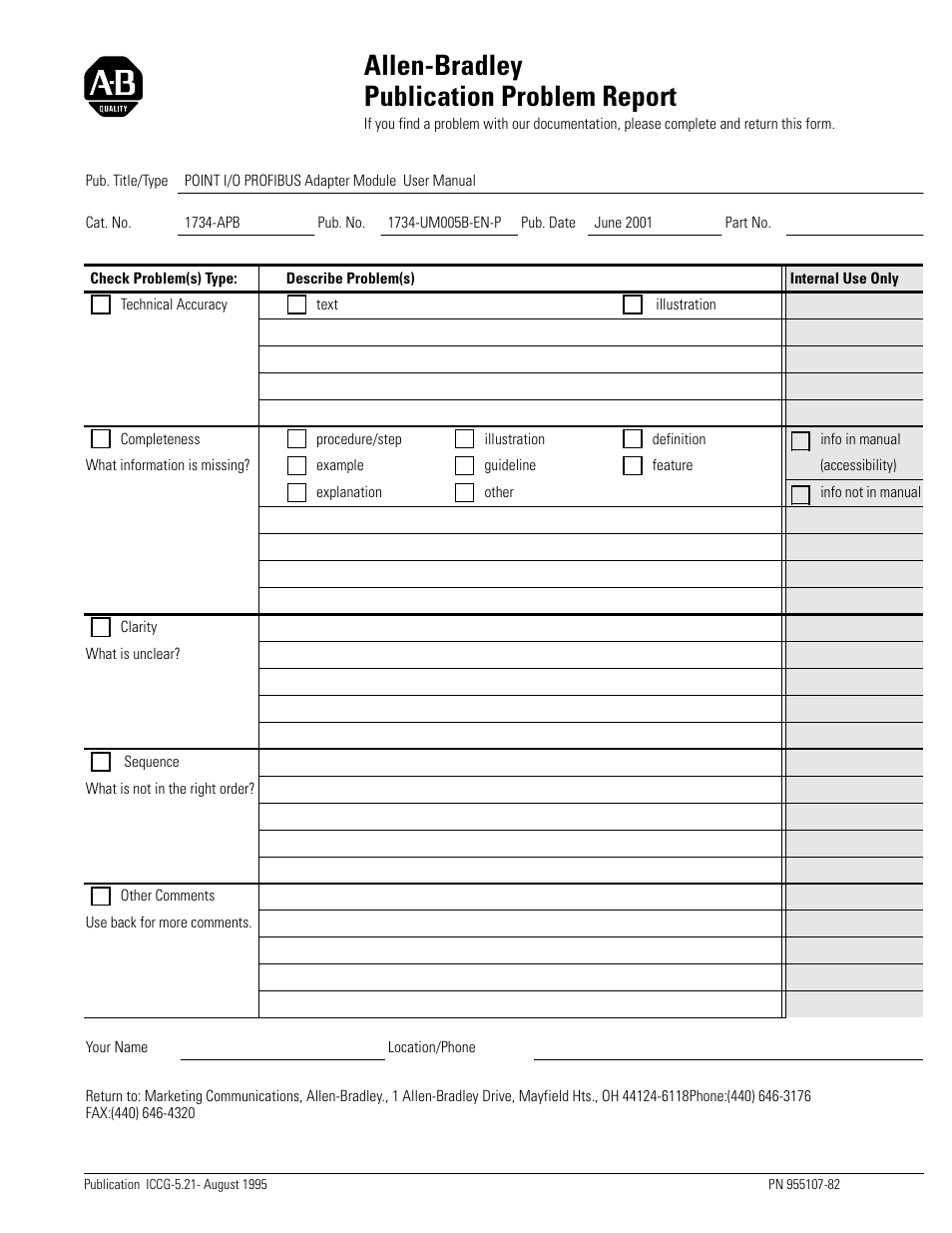 Publication problem report, Allen-bradley publication problem report | Rockwell Automation 1734-APB Point I/O Profibus Adapter Module User Manual | Page 85 / 88