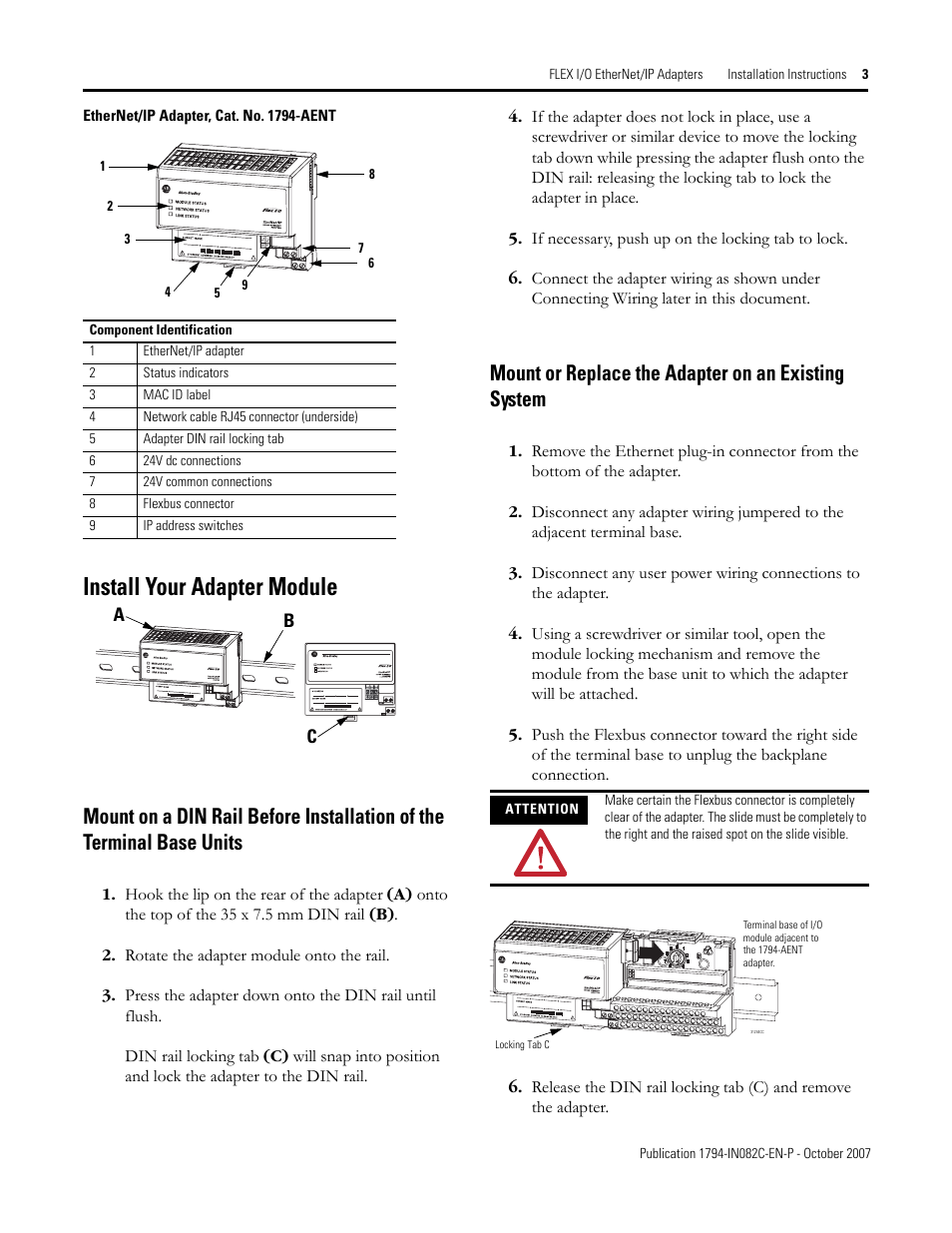 Install your adapter module, Mount or replace the adapter on an existing system, Ab c | Rockwell Automation 1794-AENT FLEX I/O EtherNet/IP Adapter Module Installation Instructi User Manual | Page 3 / 8