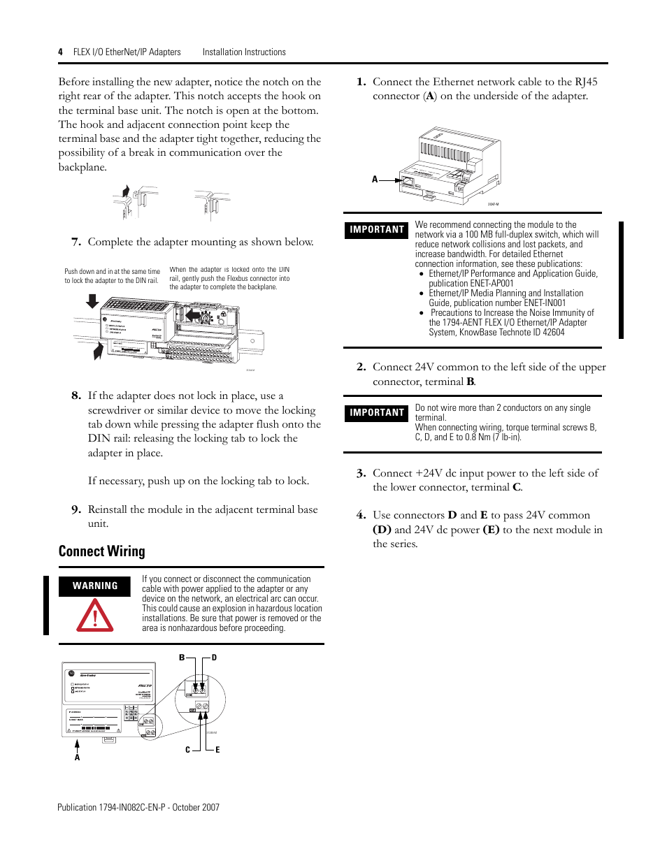 Connect wiring | Rockwell Automation 1794-AENT FLEX I/O EtherNet/IP Adapter Module Installation Instructi User Manual | Page 4 / 8