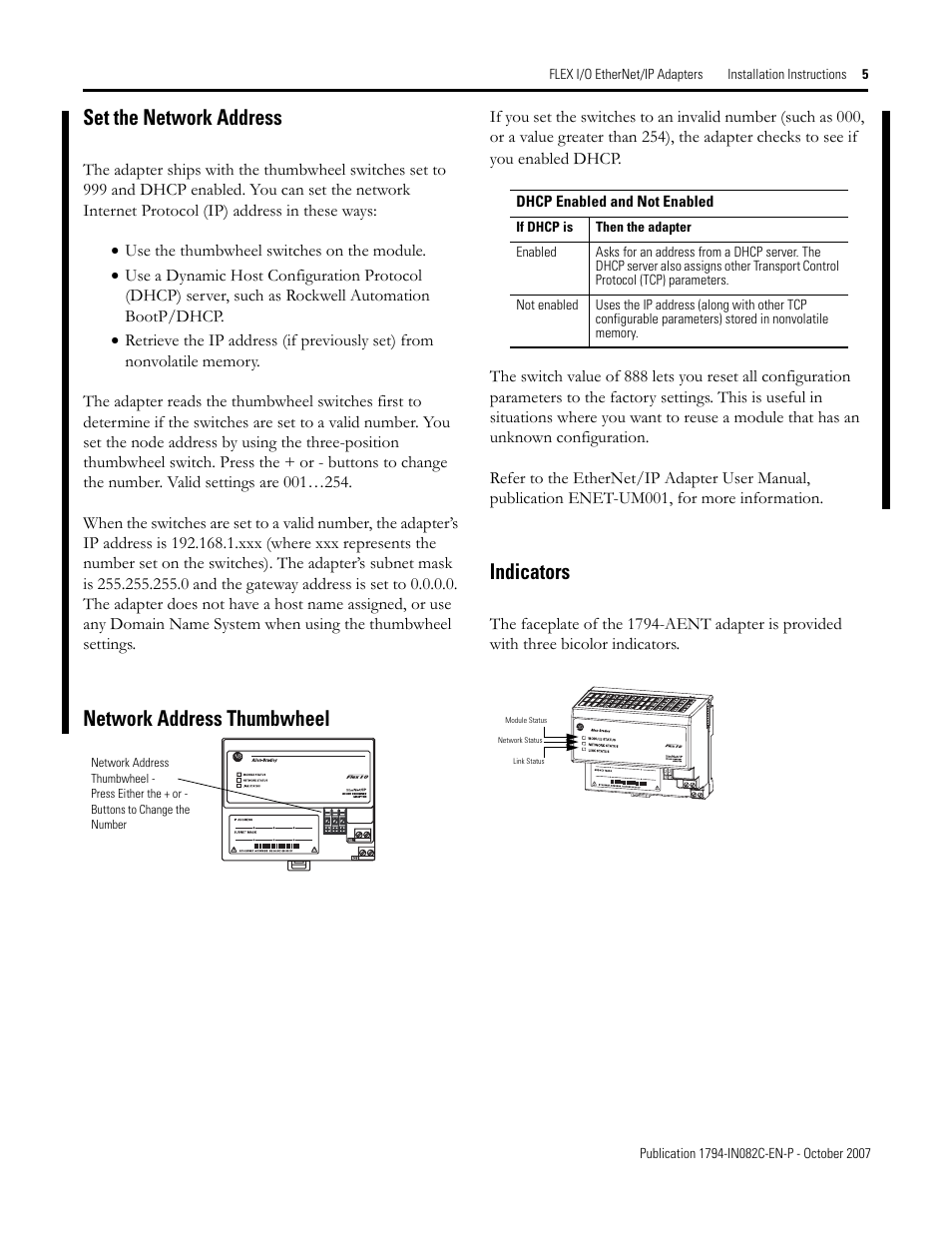 Set the network address, Network address thumbwheel, Indicators | Rockwell Automation 1794-AENT FLEX I/O EtherNet/IP Adapter Module Installation Instructi User Manual | Page 5 / 8