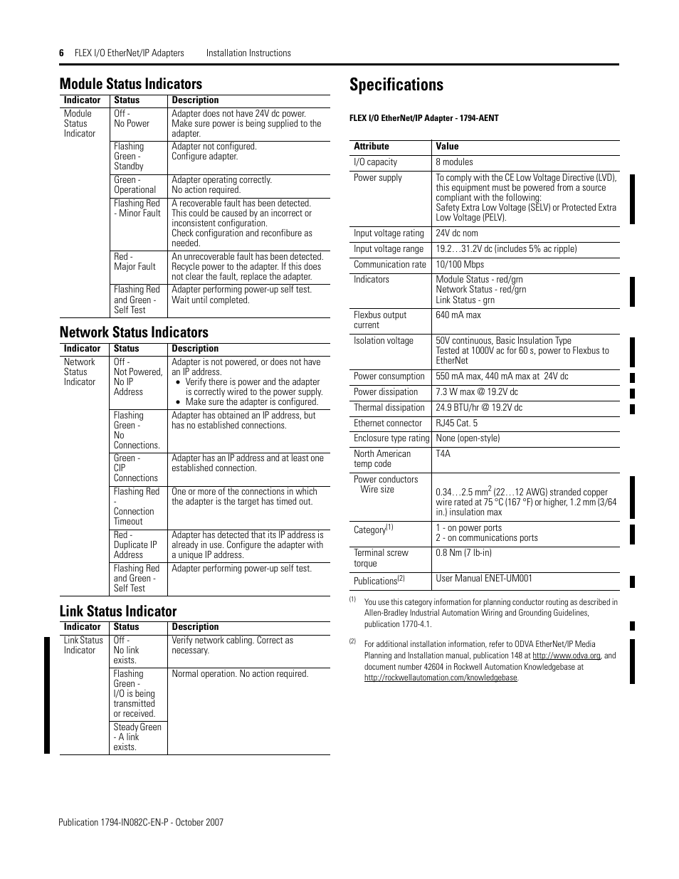 Specifications | Rockwell Automation 1794-AENT FLEX I/O EtherNet/IP Adapter Module Installation Instructi User Manual | Page 6 / 8
