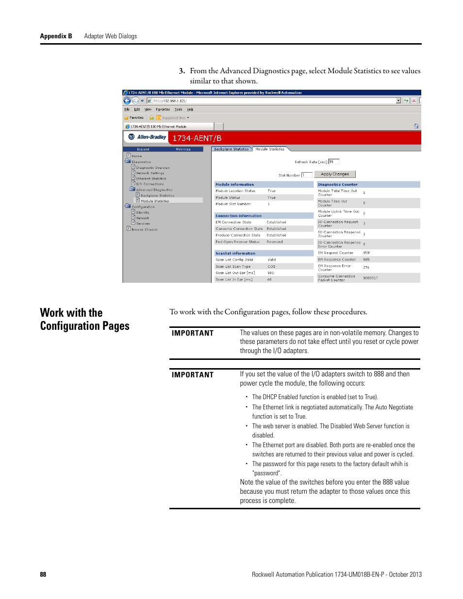 Work with the, Work with the configuration pages | Rockwell Automation 1734-AENT, Series B POINT I/O EtherNet/IP Adapter Module User Manual User Manual | Page 100 / 118