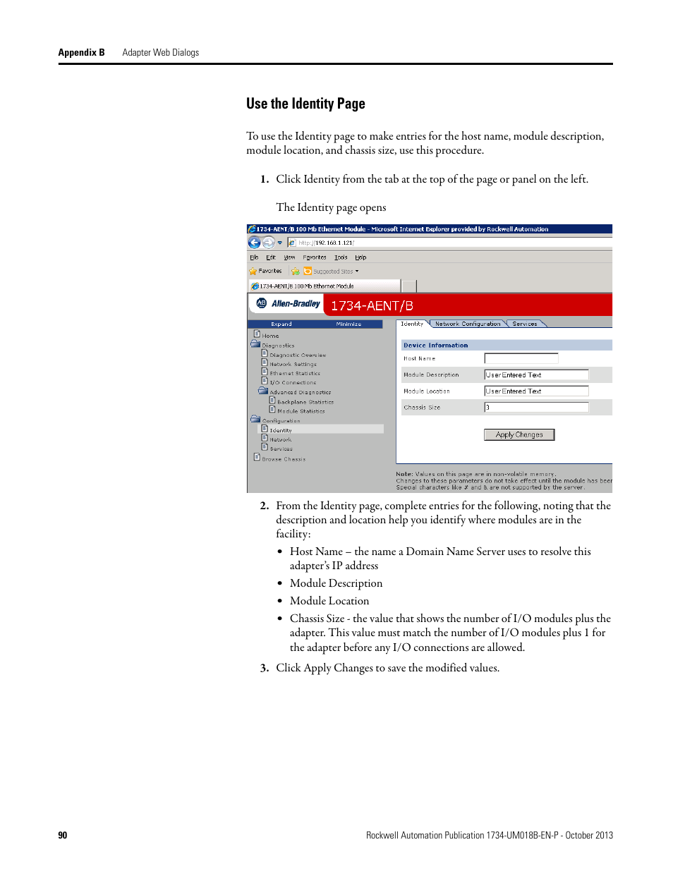 Use the identity page | Rockwell Automation 1734-AENT, Series B POINT I/O EtherNet/IP Adapter Module User Manual User Manual | Page 102 / 118