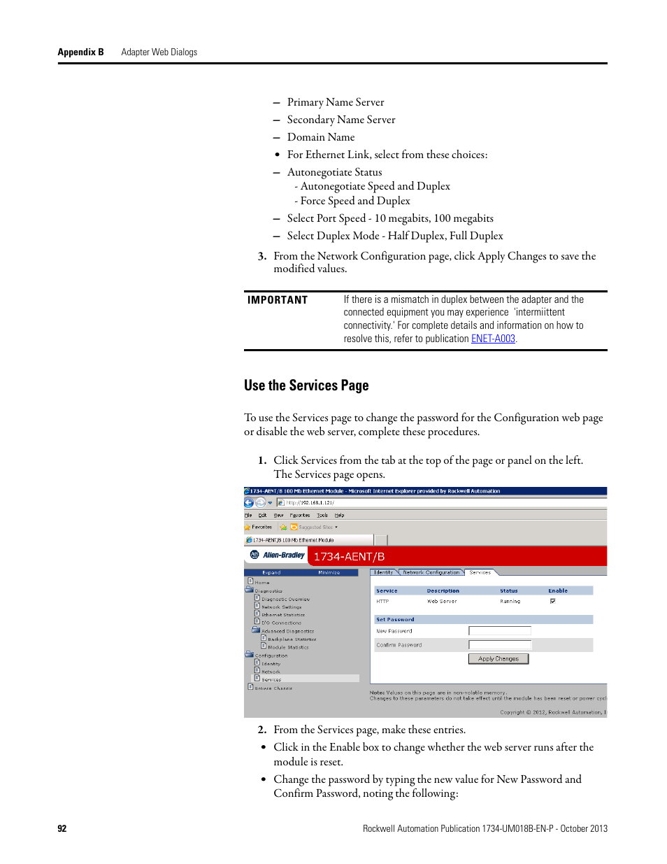 Use the services page | Rockwell Automation 1734-AENT, Series B POINT I/O EtherNet/IP Adapter Module User Manual User Manual | Page 104 / 118