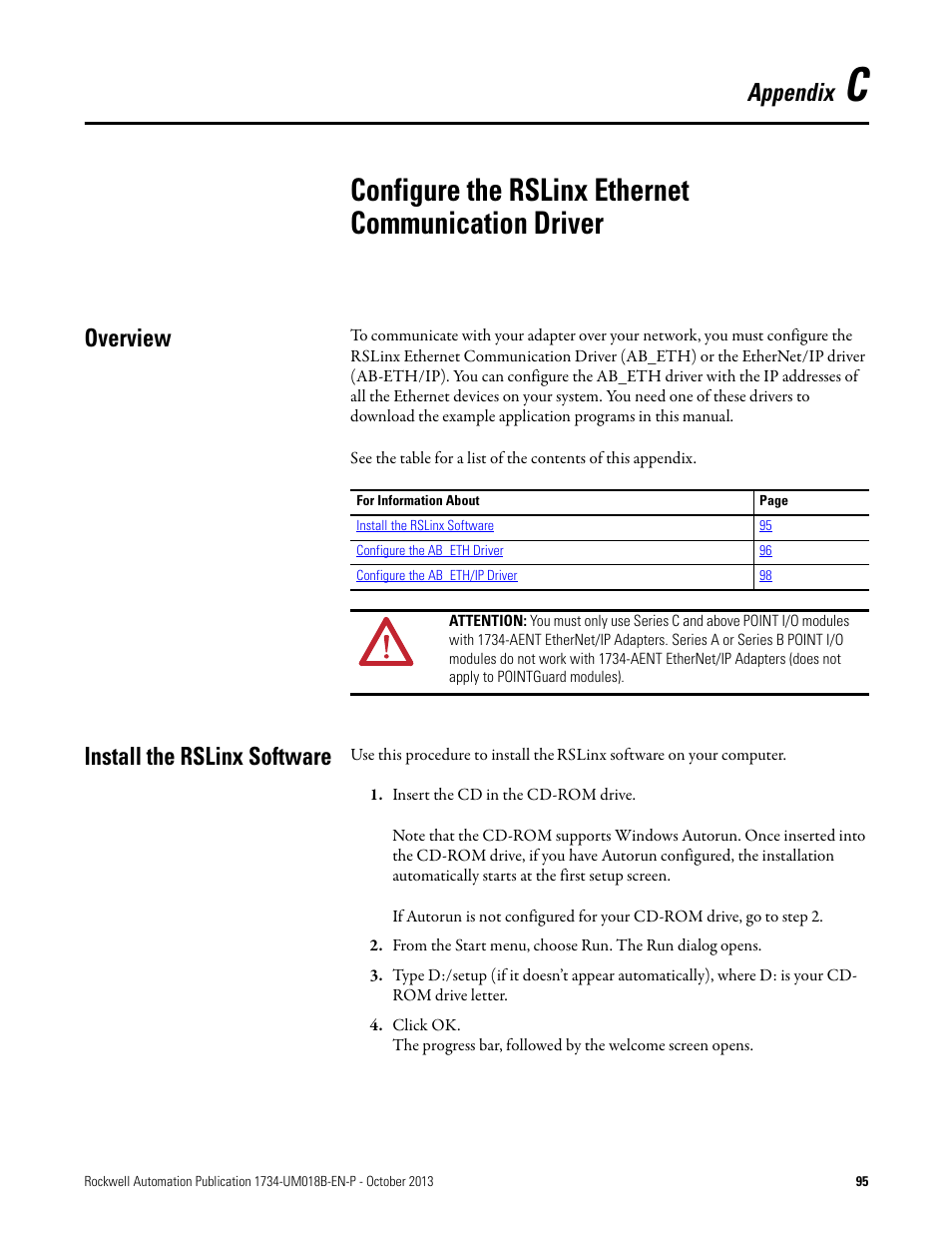 Appendix c, Configure the rslinx ethernet communication driver, Install the rslinx software | Configure the rslinx, Ethernet communication driver, Appendix, Overview | Rockwell Automation 1734-AENT, Series B POINT I/O EtherNet/IP Adapter Module User Manual User Manual | Page 107 / 118