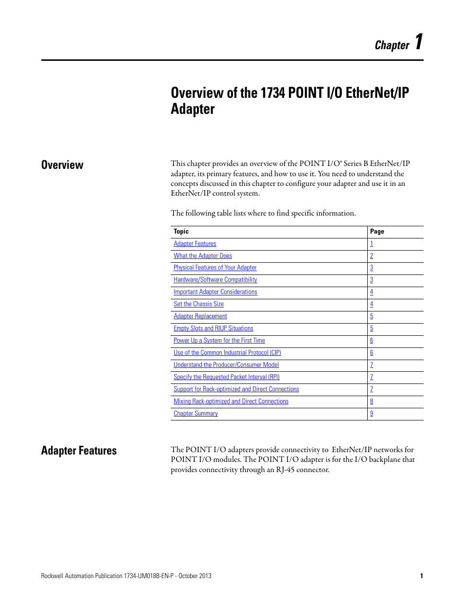 Overview, Adapter features, Chapter 1 | Overview of the 1734 point i/o ethernet/ip adapter, Overview adapter features, Chapter | Rockwell Automation 1734-AENT, Series B POINT I/O EtherNet/IP Adapter Module User Manual User Manual | Page 11 / 118