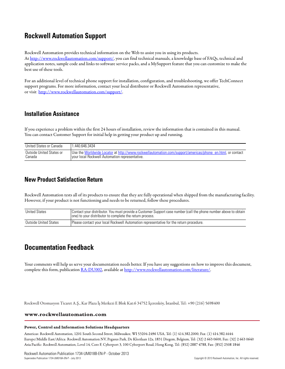 Back cover, Rockwell automation support, Documentation feedback | Installation assistance, New product satisfaction return | Rockwell Automation 1734-AENT, Series B POINT I/O EtherNet/IP Adapter Module User Manual User Manual | Page 118 / 118