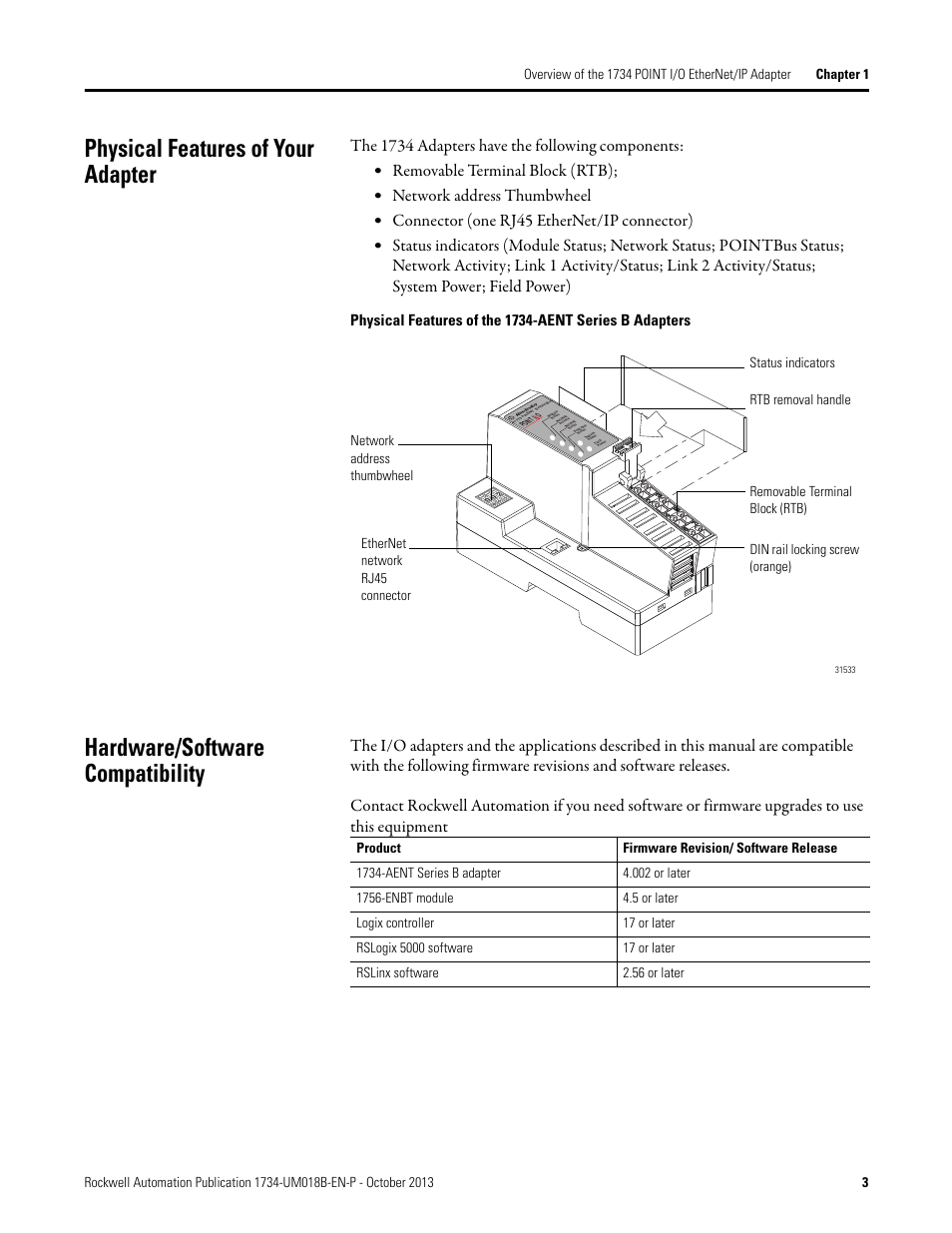 Physical features of your adapter, Hardware/software compatibility | Rockwell Automation 1734-AENT, Series B POINT I/O EtherNet/IP Adapter Module User Manual User Manual | Page 13 / 118
