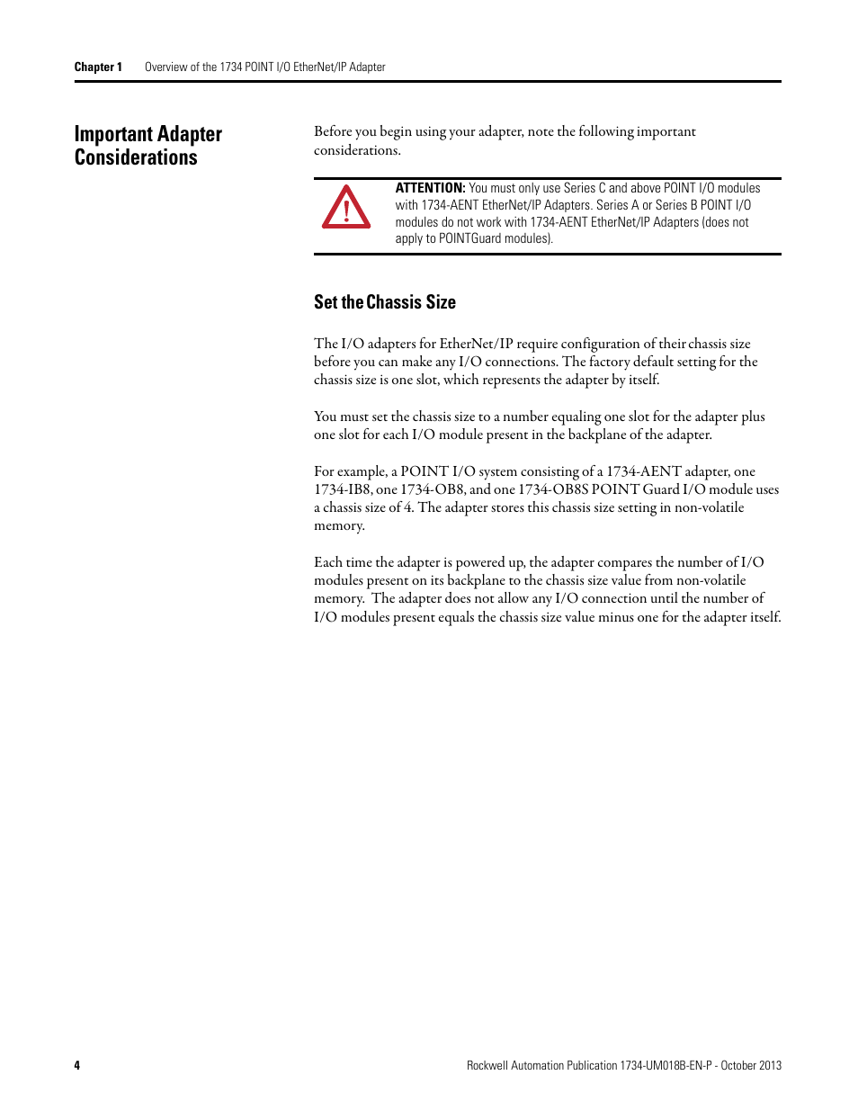 Important adapter considerations, Set the chassis size, Set the | Chassis size | Rockwell Automation 1734-AENT, Series B POINT I/O EtherNet/IP Adapter Module User Manual User Manual | Page 14 / 118