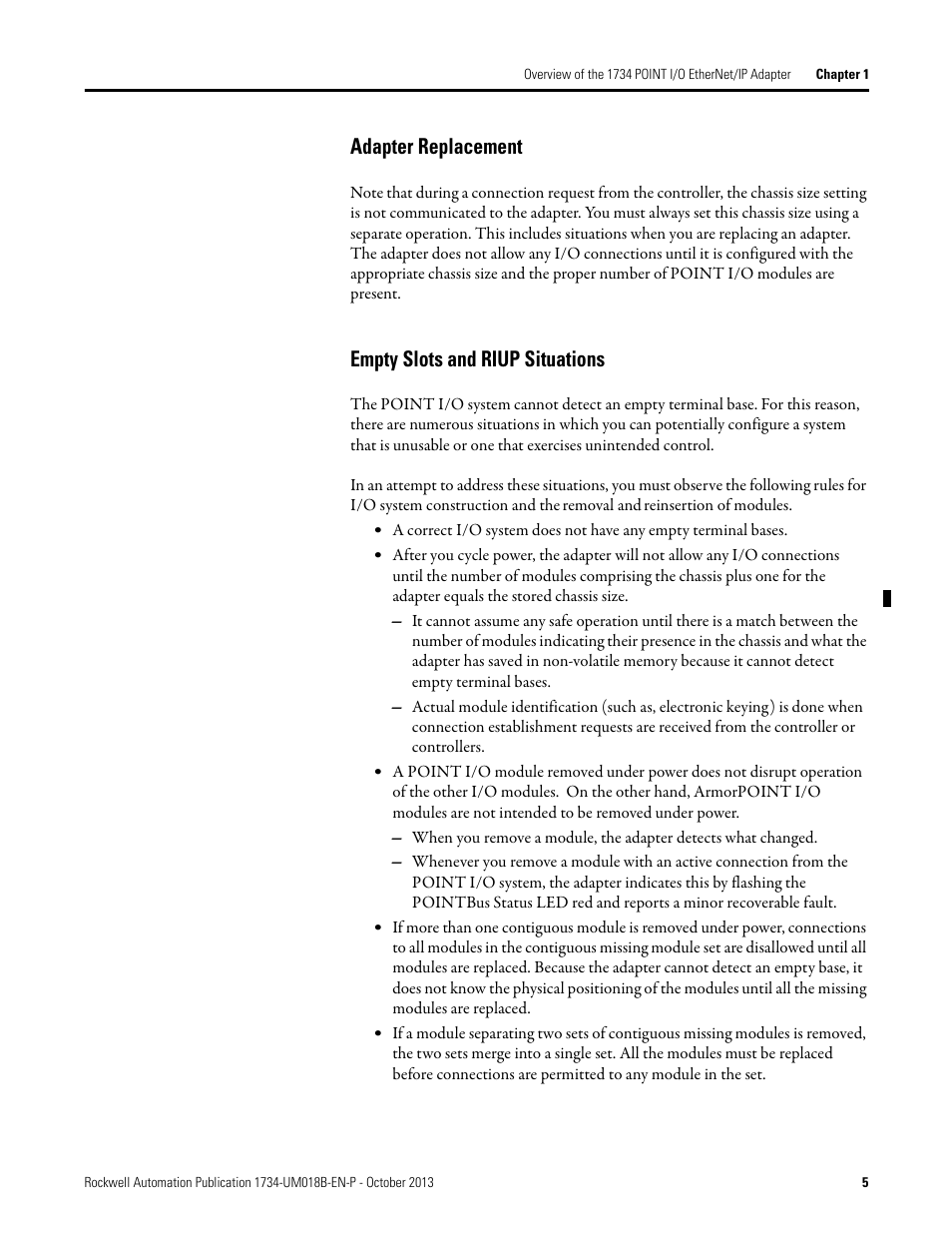 Adapter replacement, Empty slots and riup situations | Rockwell Automation 1734-AENT, Series B POINT I/O EtherNet/IP Adapter Module User Manual User Manual | Page 15 / 118
