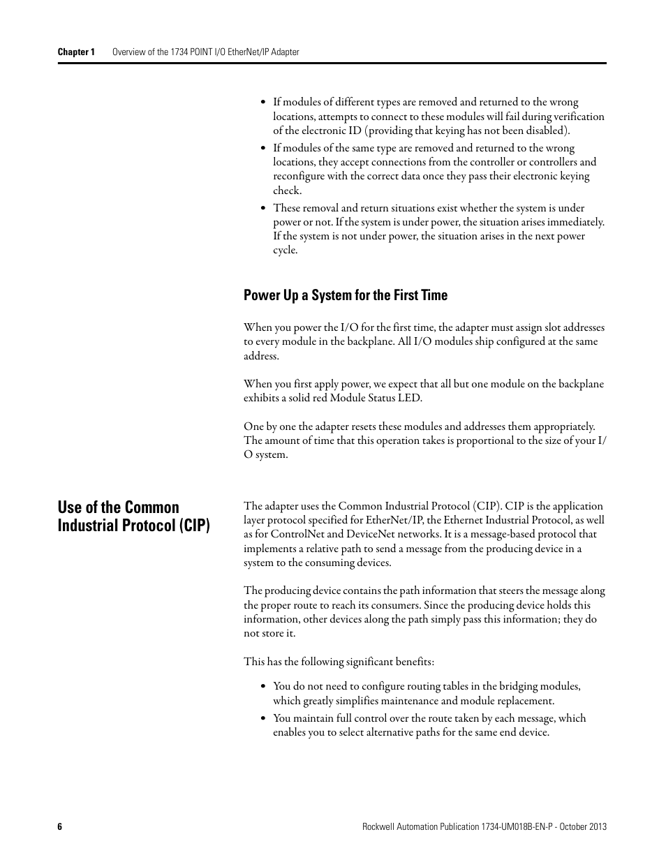 Power up a system for the first time, Use of the common industrial protocol (cip) | Rockwell Automation 1734-AENT, Series B POINT I/O EtherNet/IP Adapter Module User Manual User Manual | Page 16 / 118