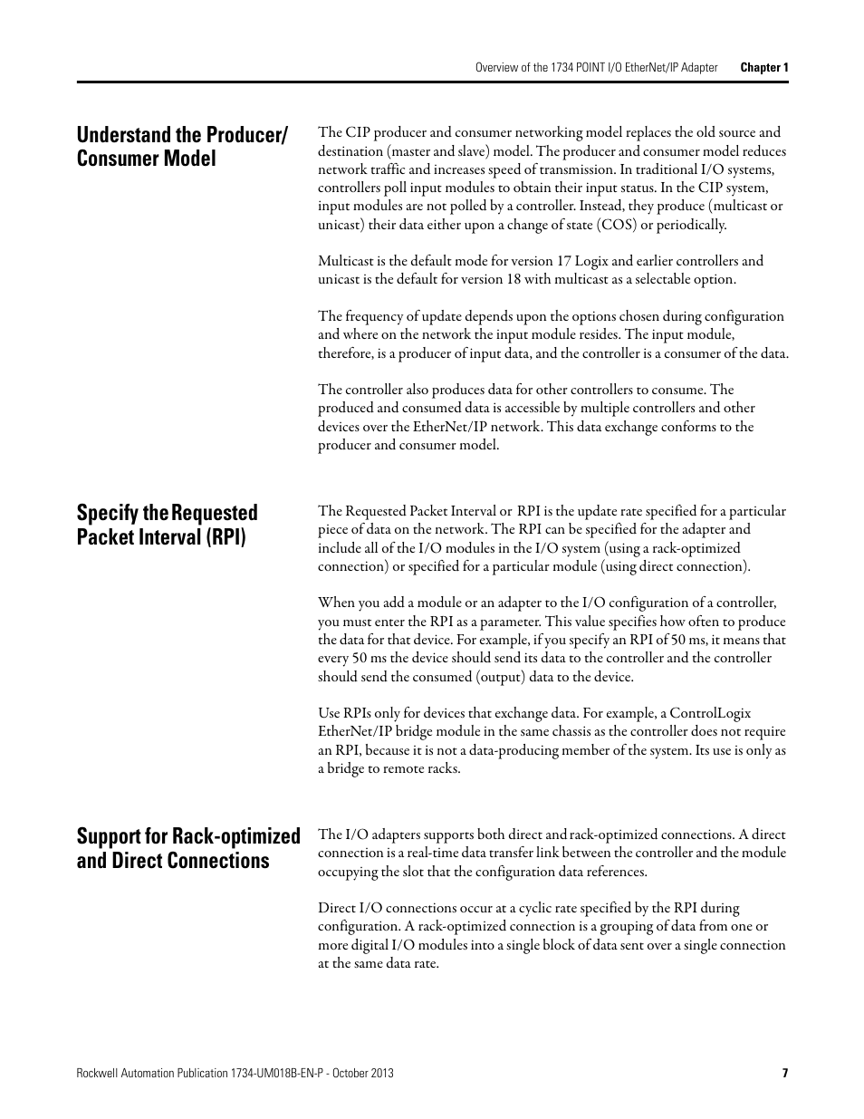Understand the producer/ consumer model, Specify the requested packet interval (rpi), Support for rack-optimized and direct connections | Understand the producer/consumer model, Specify the, Requested packet interval (rpi) | Rockwell Automation 1734-AENT, Series B POINT I/O EtherNet/IP Adapter Module User Manual User Manual | Page 17 / 118