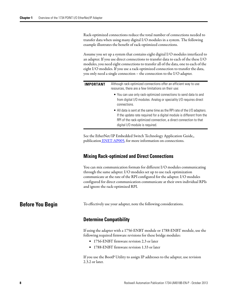 Mixing rack-optimized and direct connections, Before you begin, Determine compatibility | Rockwell Automation 1734-AENT, Series B POINT I/O EtherNet/IP Adapter Module User Manual User Manual | Page 18 / 118