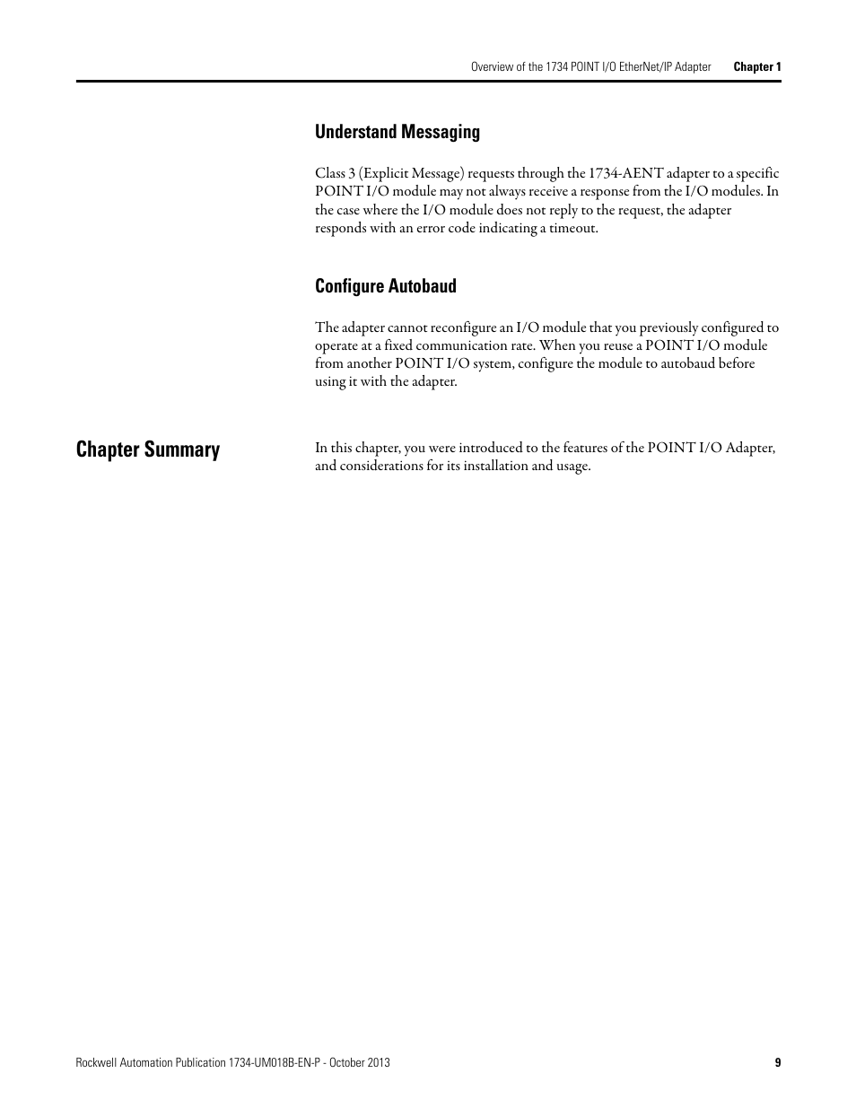 Understand messaging, Configure autobaud, Chapter summary | Understand messaging configure autobaud | Rockwell Automation 1734-AENT, Series B POINT I/O EtherNet/IP Adapter Module User Manual User Manual | Page 19 / 118