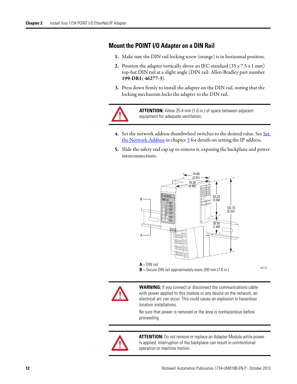 Mount the point i/o adapter on a din rail | Rockwell Automation 1734-AENT, Series B POINT I/O EtherNet/IP Adapter Module User Manual User Manual | Page 22 / 118