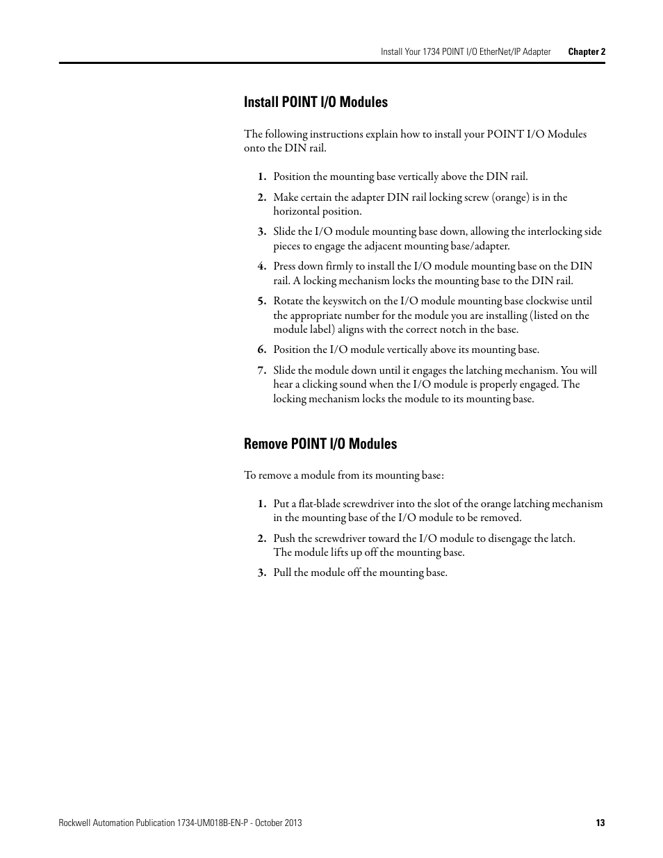 Install point i/o modules, Remove point i/o modules, Install point i/o modules remove point i/o modules | Rockwell Automation 1734-AENT, Series B POINT I/O EtherNet/IP Adapter Module User Manual User Manual | Page 23 / 118