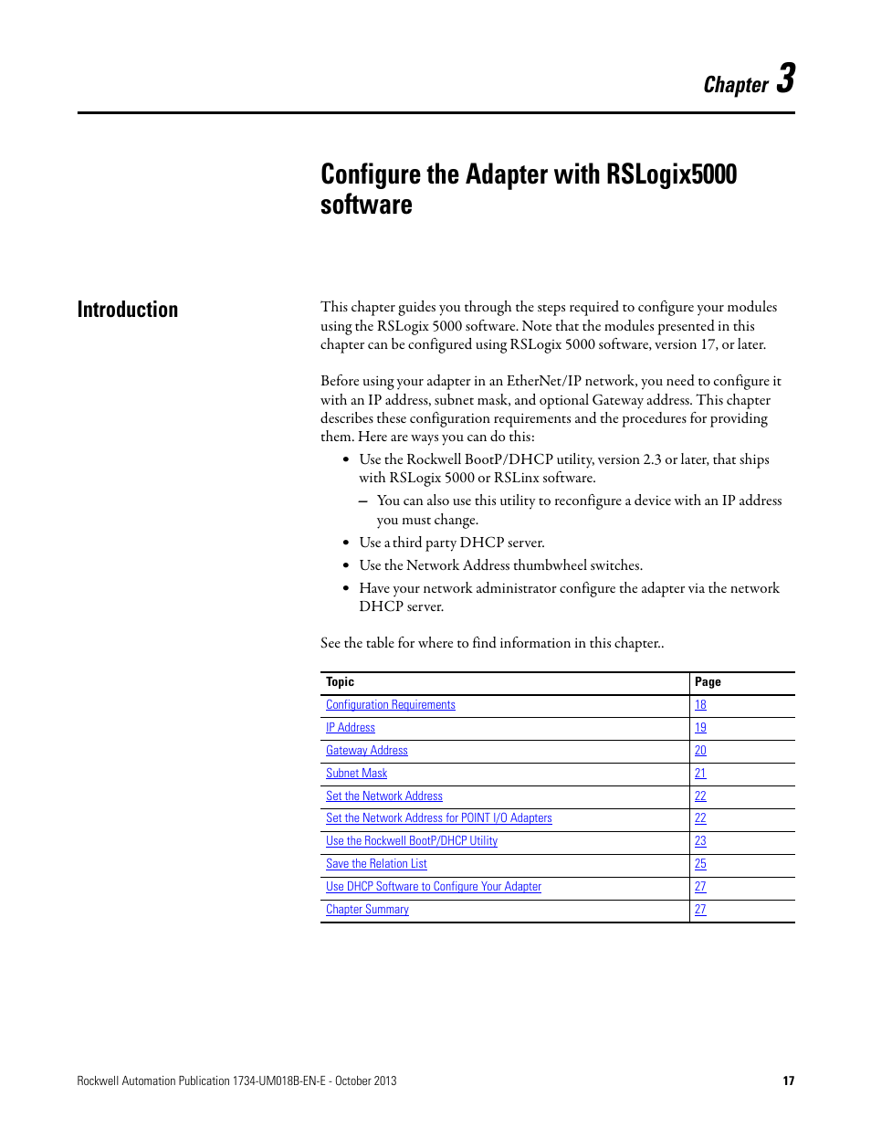 Chapter 3, Configure the adapter with rslogix5000 software, Introduction | Chapter | Rockwell Automation 1734-AENT, Series B POINT I/O EtherNet/IP Adapter Module User Manual User Manual | Page 27 / 118