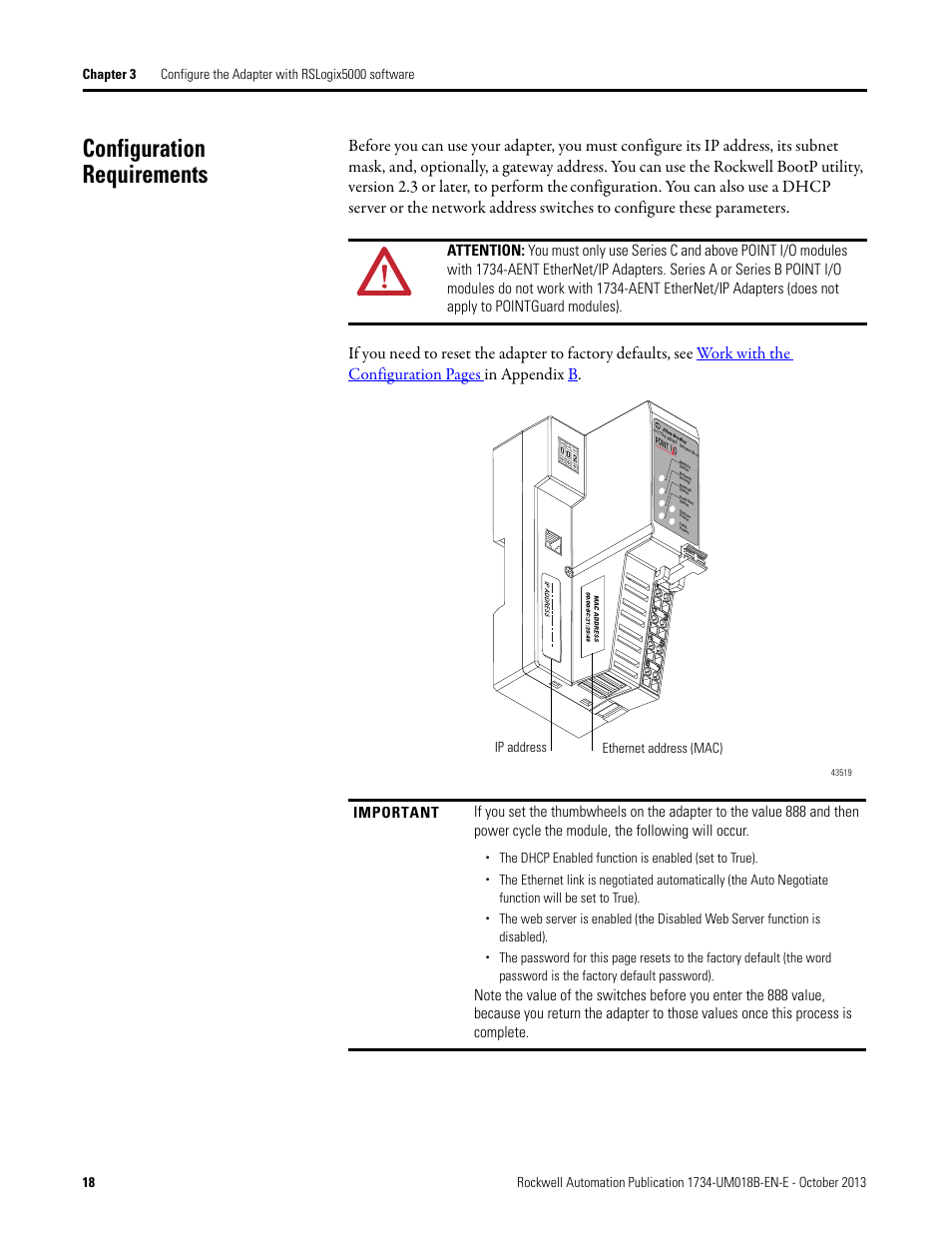 Configuration requirements, Chapter 3, The dhcp enabled function is enabled (set to true) | Ip address ethernet address (mac) | Rockwell Automation 1734-AENT, Series B POINT I/O EtherNet/IP Adapter Module User Manual User Manual | Page 28 / 118