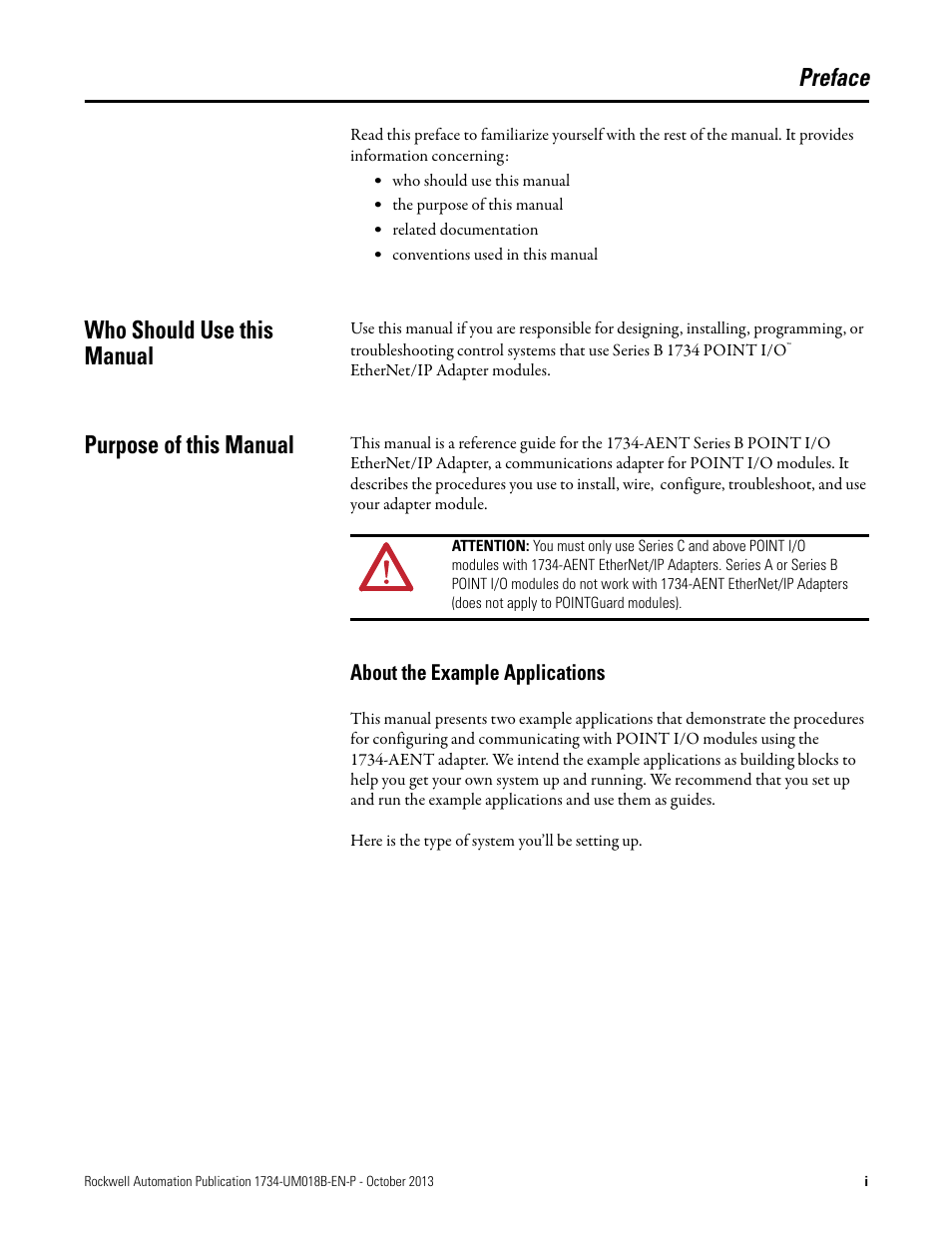 Preface, Who should use this manual, Purpose of this manual | About the example applications | Rockwell Automation 1734-AENT, Series B POINT I/O EtherNet/IP Adapter Module User Manual User Manual | Page 3 / 118
