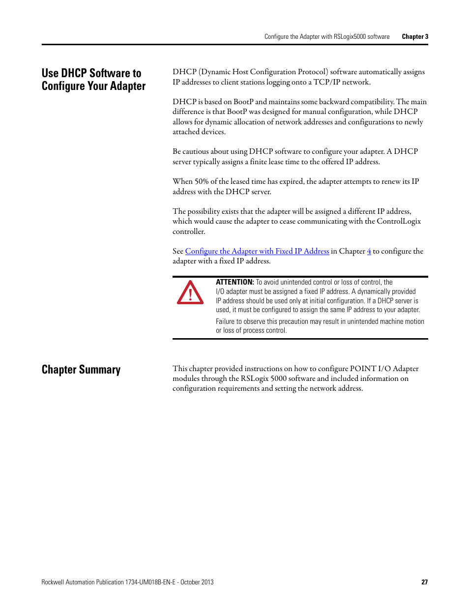 Use dhcp software to configure your adapter, Chapter summary | Rockwell Automation 1734-AENT, Series B POINT I/O EtherNet/IP Adapter Module User Manual User Manual | Page 37 / 118