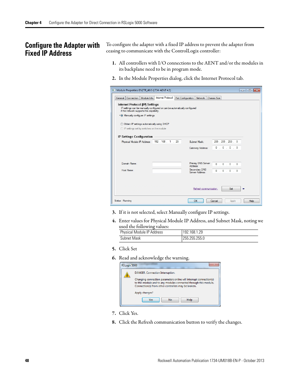 Configure the adapter with fixed ip address | Rockwell Automation 1734-AENT, Series B POINT I/O EtherNet/IP Adapter Module User Manual User Manual | Page 58 / 118