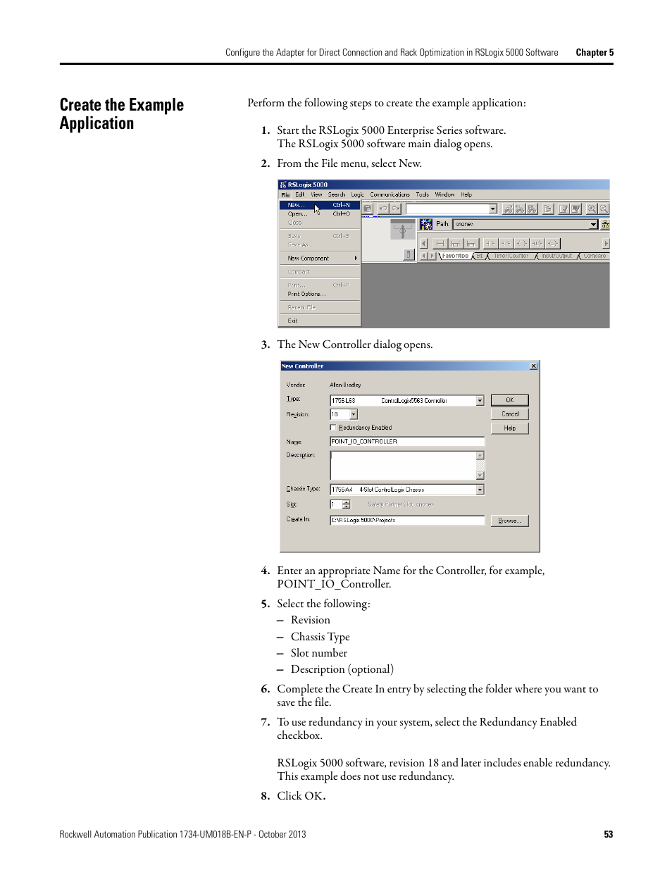 Create the example application | Rockwell Automation 1734-AENT, Series B POINT I/O EtherNet/IP Adapter Module User Manual User Manual | Page 63 / 118