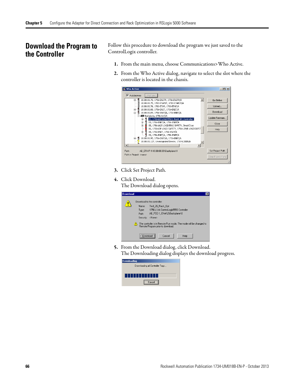 Download the program to the controller | Rockwell Automation 1734-AENT, Series B POINT I/O EtherNet/IP Adapter Module User Manual User Manual | Page 76 / 118