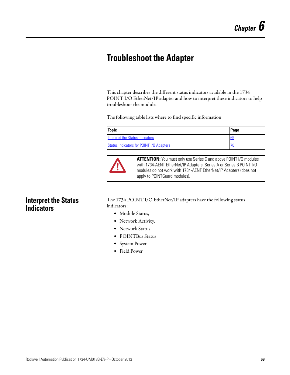 6 – troubleshoot the adapter, Interpret the status indicators, Chapter 6 | Troubleshoot the adapter, Chapter | Rockwell Automation 1734-AENT, Series B POINT I/O EtherNet/IP Adapter Module User Manual User Manual | Page 81 / 118