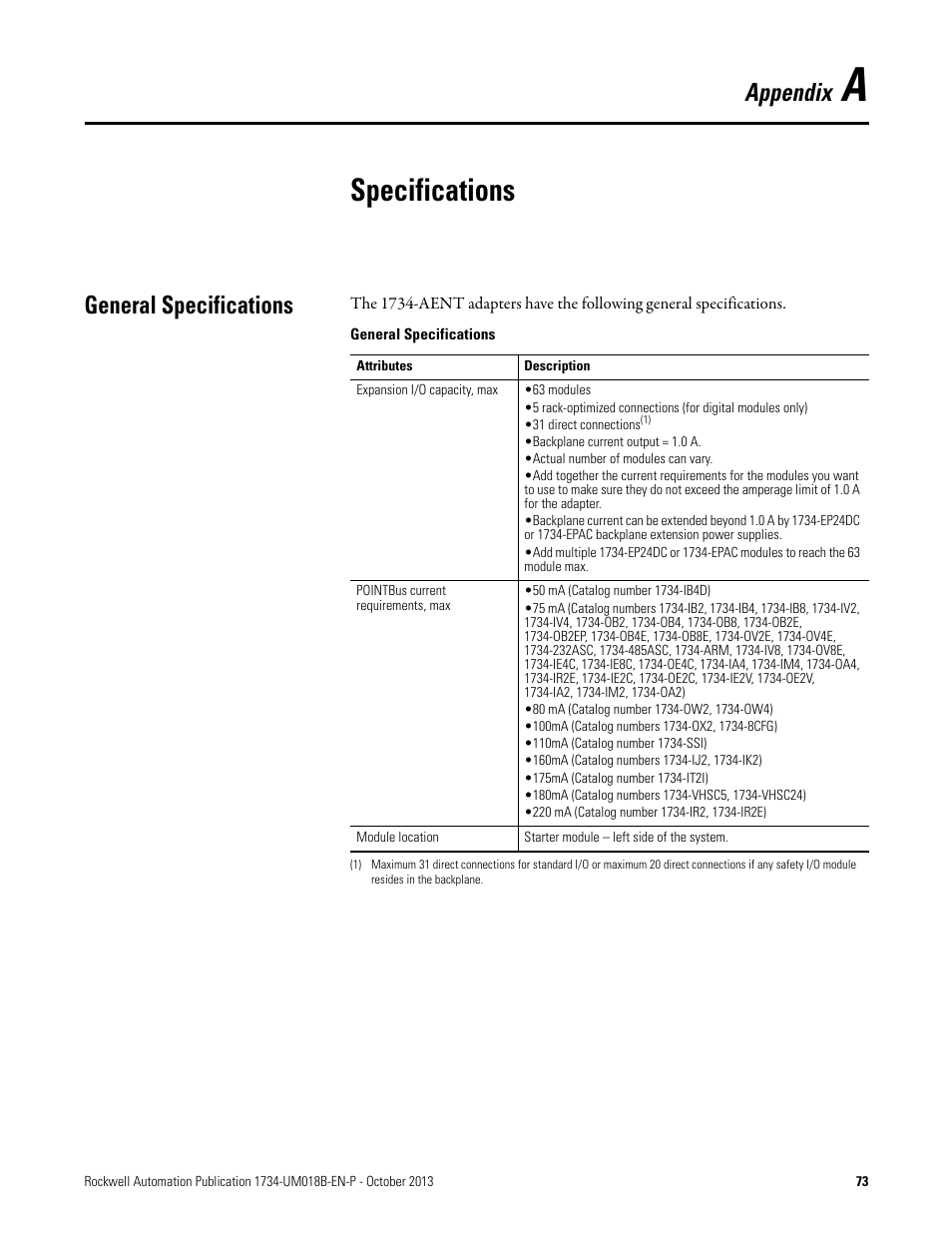 A – specifications, General specifications, Appendix a | Specifications, Appendix | Rockwell Automation 1734-AENT, Series B POINT I/O EtherNet/IP Adapter Module User Manual User Manual | Page 85 / 118