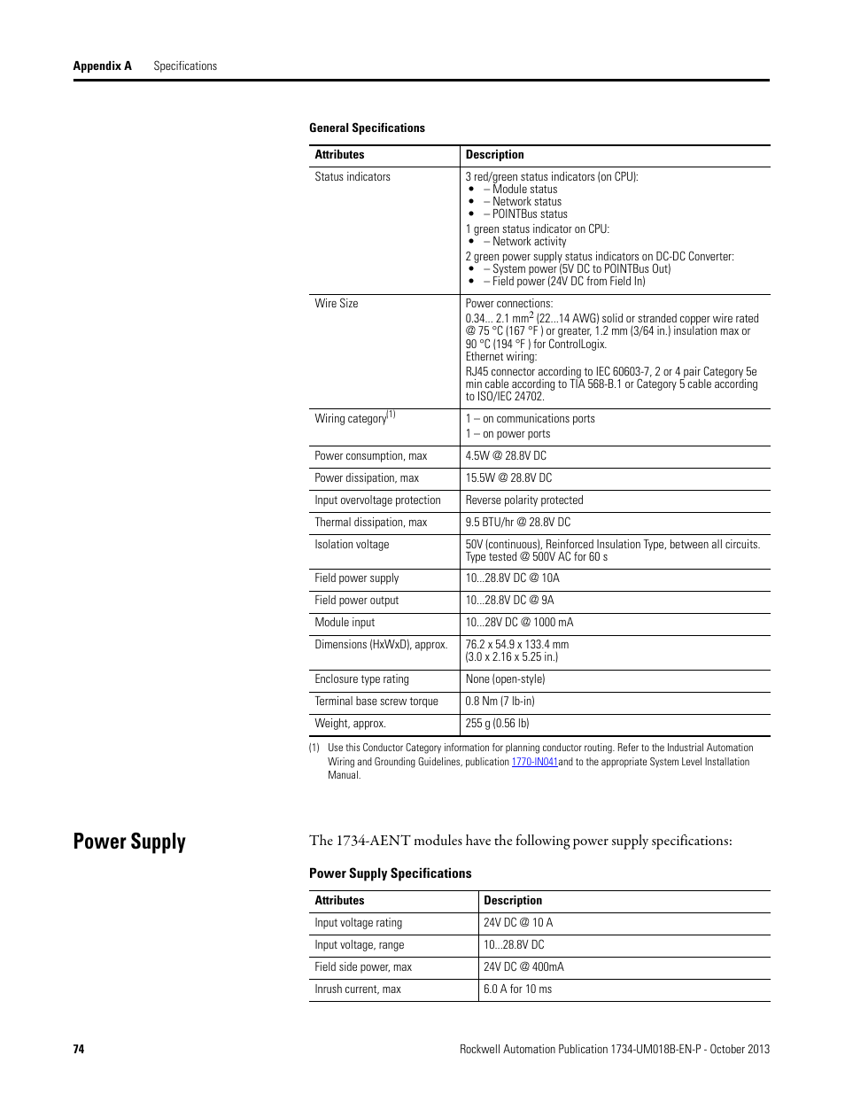 Power supply | Rockwell Automation 1734-AENT, Series B POINT I/O EtherNet/IP Adapter Module User Manual User Manual | Page 86 / 118