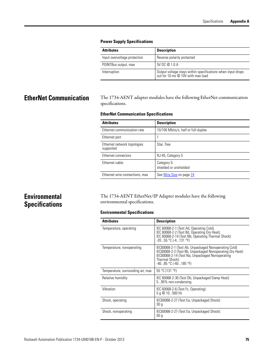 Ethernet communication, Environmental specifications | Rockwell Automation 1734-AENT, Series B POINT I/O EtherNet/IP Adapter Module User Manual User Manual | Page 87 / 118