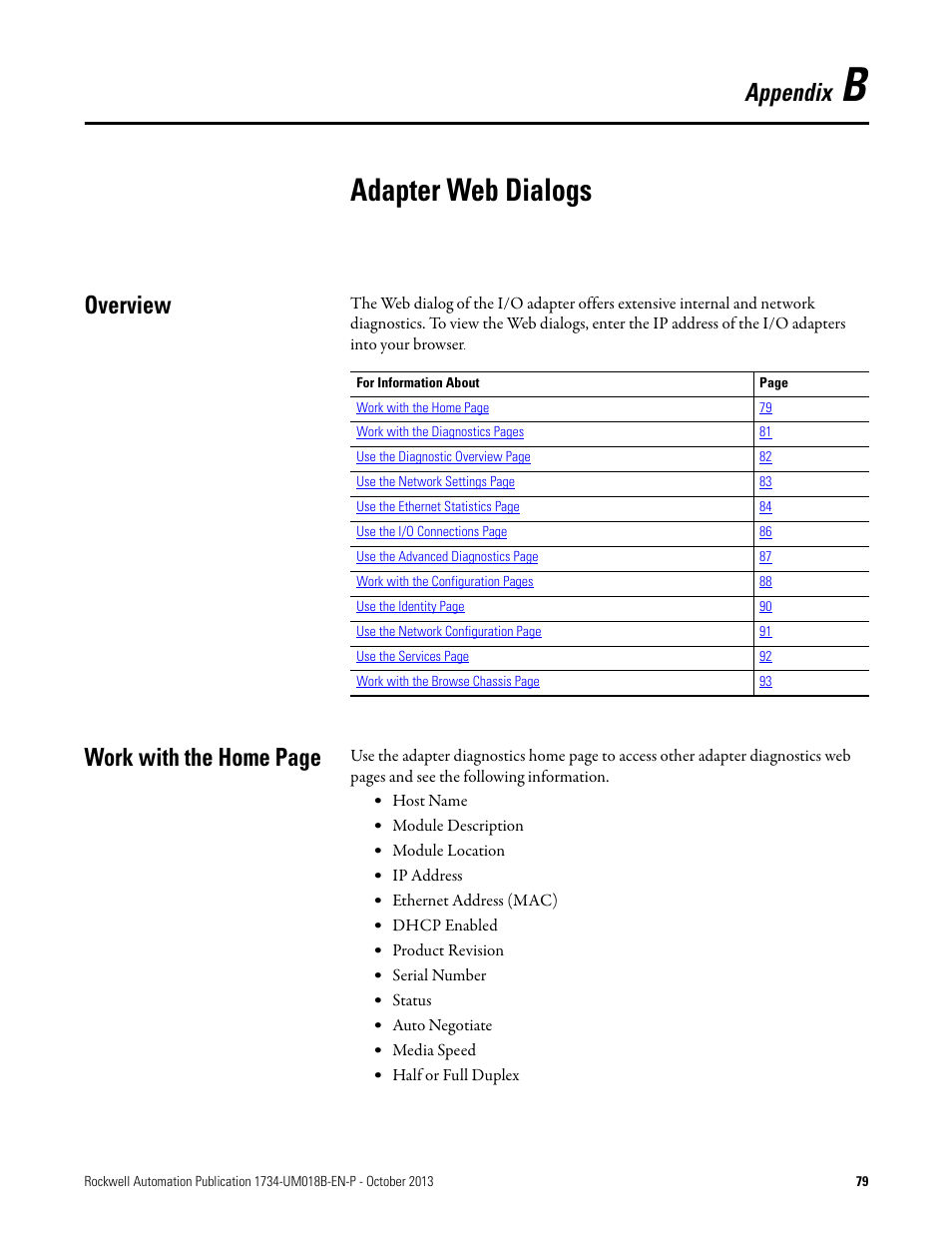 B – adapter web dialogs, Overview, Appendix b | Adapter web dialogs, Appendix, Work with the home page | Rockwell Automation 1734-AENT, Series B POINT I/O EtherNet/IP Adapter Module User Manual User Manual | Page 91 / 118