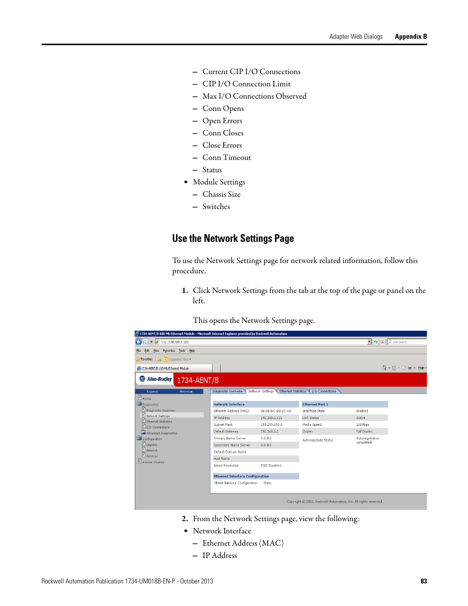 Use the network settings page | Rockwell Automation 1734-AENT, Series B POINT I/O EtherNet/IP Adapter Module User Manual User Manual | Page 95 / 118
