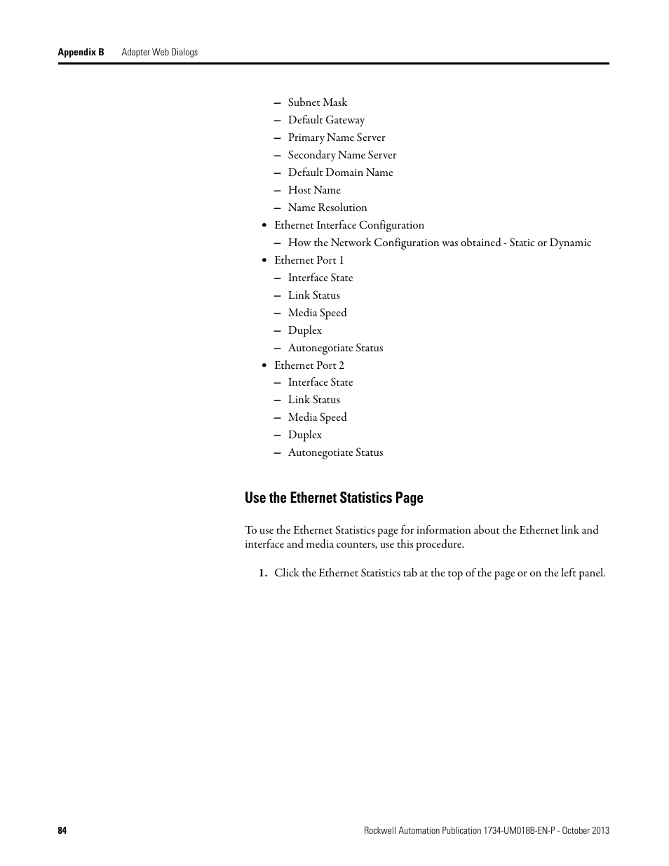 Use the ethernet statistics page | Rockwell Automation 1734-AENT, Series B POINT I/O EtherNet/IP Adapter Module User Manual User Manual | Page 96 / 118