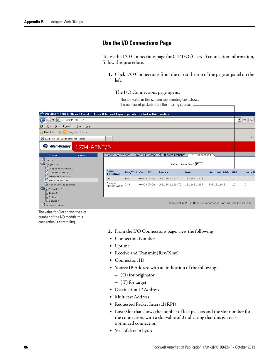 Use the i/o connections page | Rockwell Automation 1734-AENT, Series B POINT I/O EtherNet/IP Adapter Module User Manual User Manual | Page 98 / 118