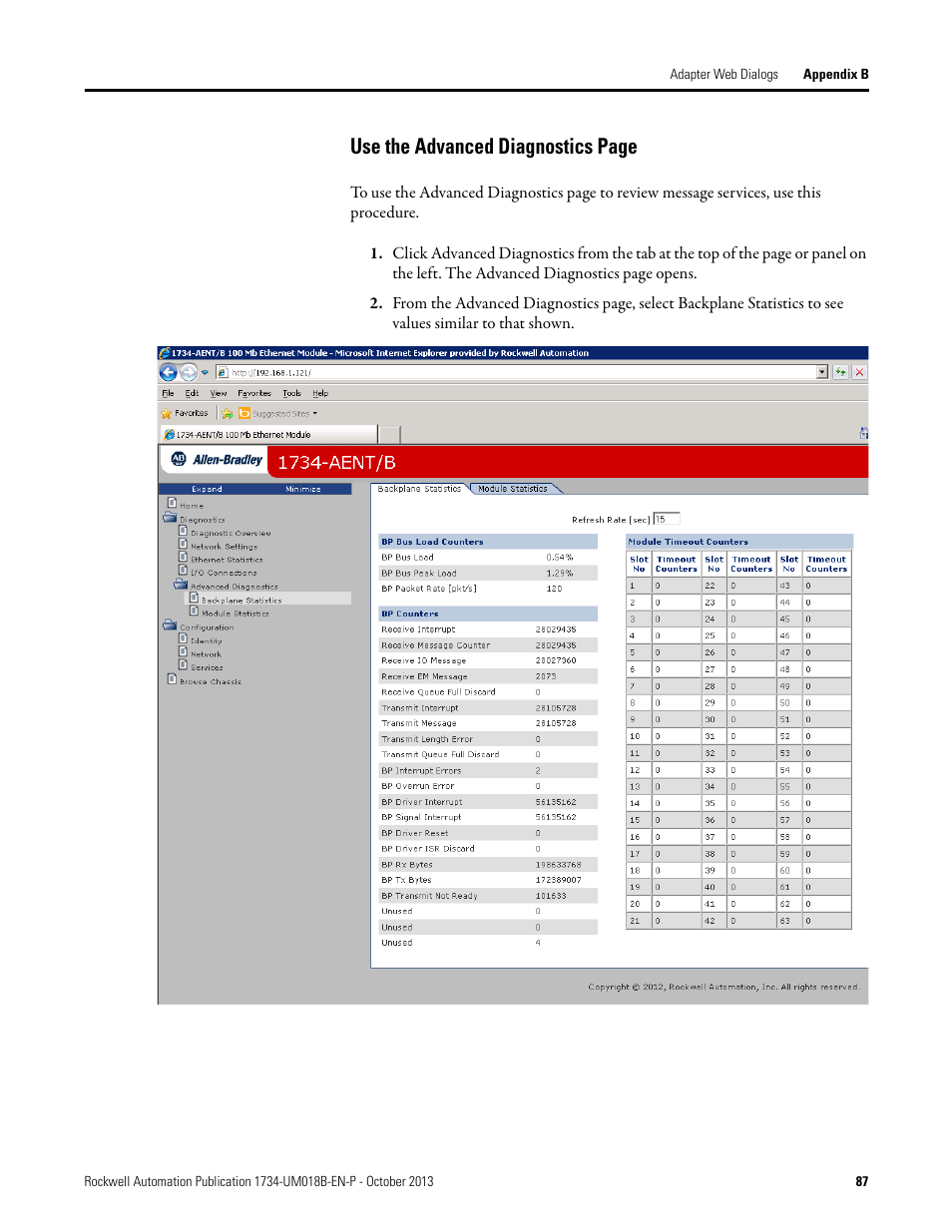 Use the advanced diagnostics page | Rockwell Automation 1734-AENT, Series B POINT I/O EtherNet/IP Adapter Module User Manual User Manual | Page 99 / 118