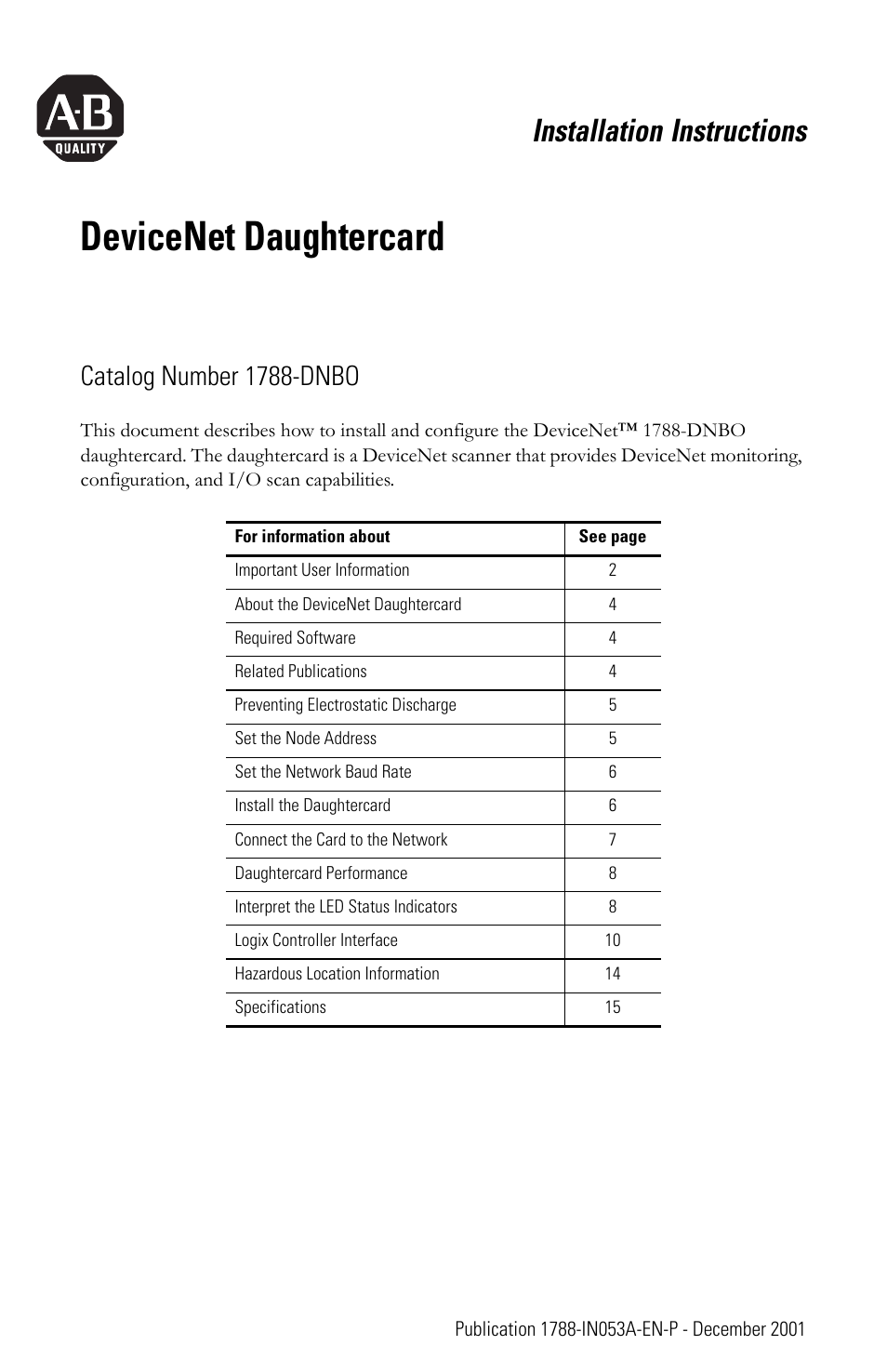 Rockwell Automation 1788-DNBO DeviceNet Daughtercard Installation Instructions User Manual | 16 pages