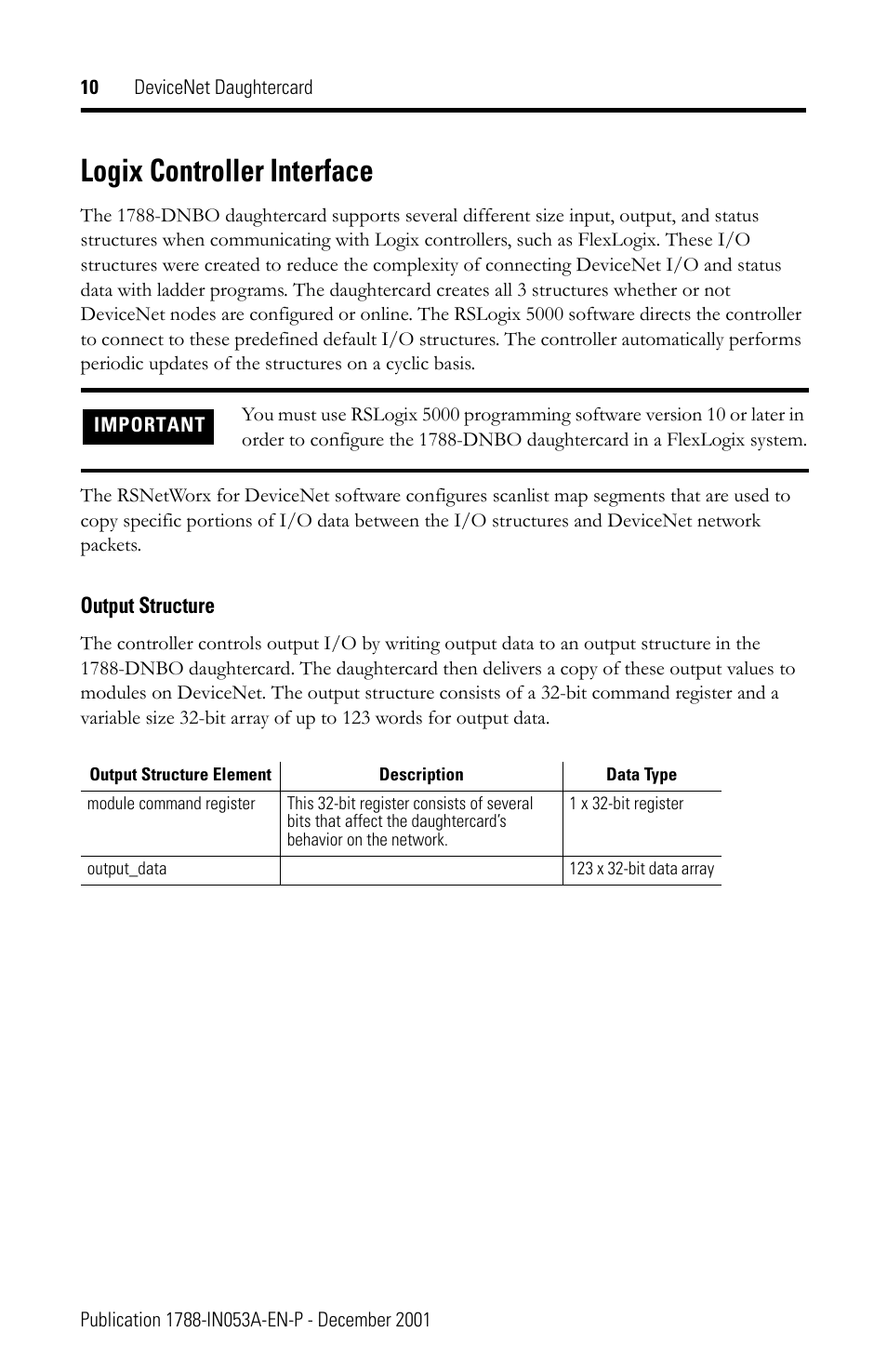 Logix controller interface, Output structure | Rockwell Automation 1788-DNBO DeviceNet Daughtercard Installation Instructions User Manual | Page 10 / 16