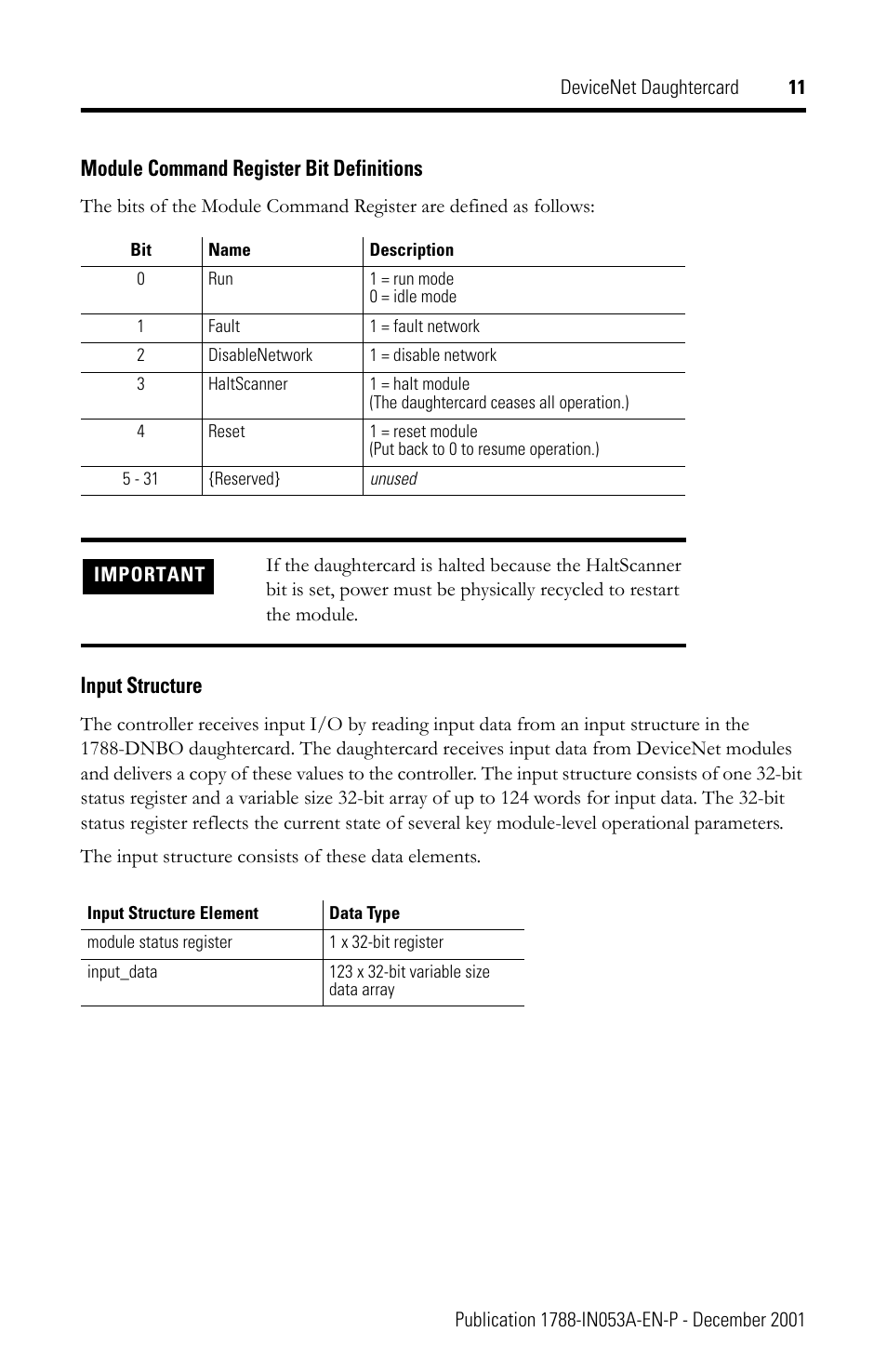 Module command register bit definitions, Input structure | Rockwell Automation 1788-DNBO DeviceNet Daughtercard Installation Instructions User Manual | Page 11 / 16