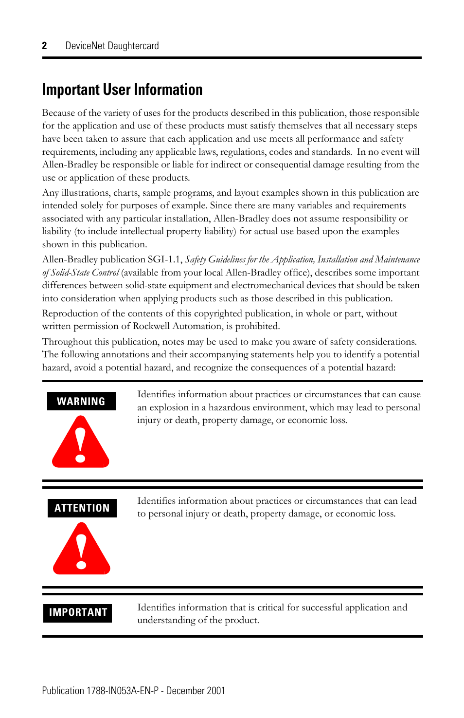 Important user information | Rockwell Automation 1788-DNBO DeviceNet Daughtercard Installation Instructions User Manual | Page 2 / 16