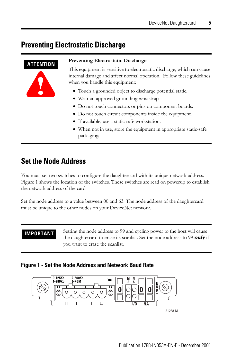 Preventing electrostatic discharge, Set the node address | Rockwell Automation 1788-DNBO DeviceNet Daughtercard Installation Instructions User Manual | Page 5 / 16