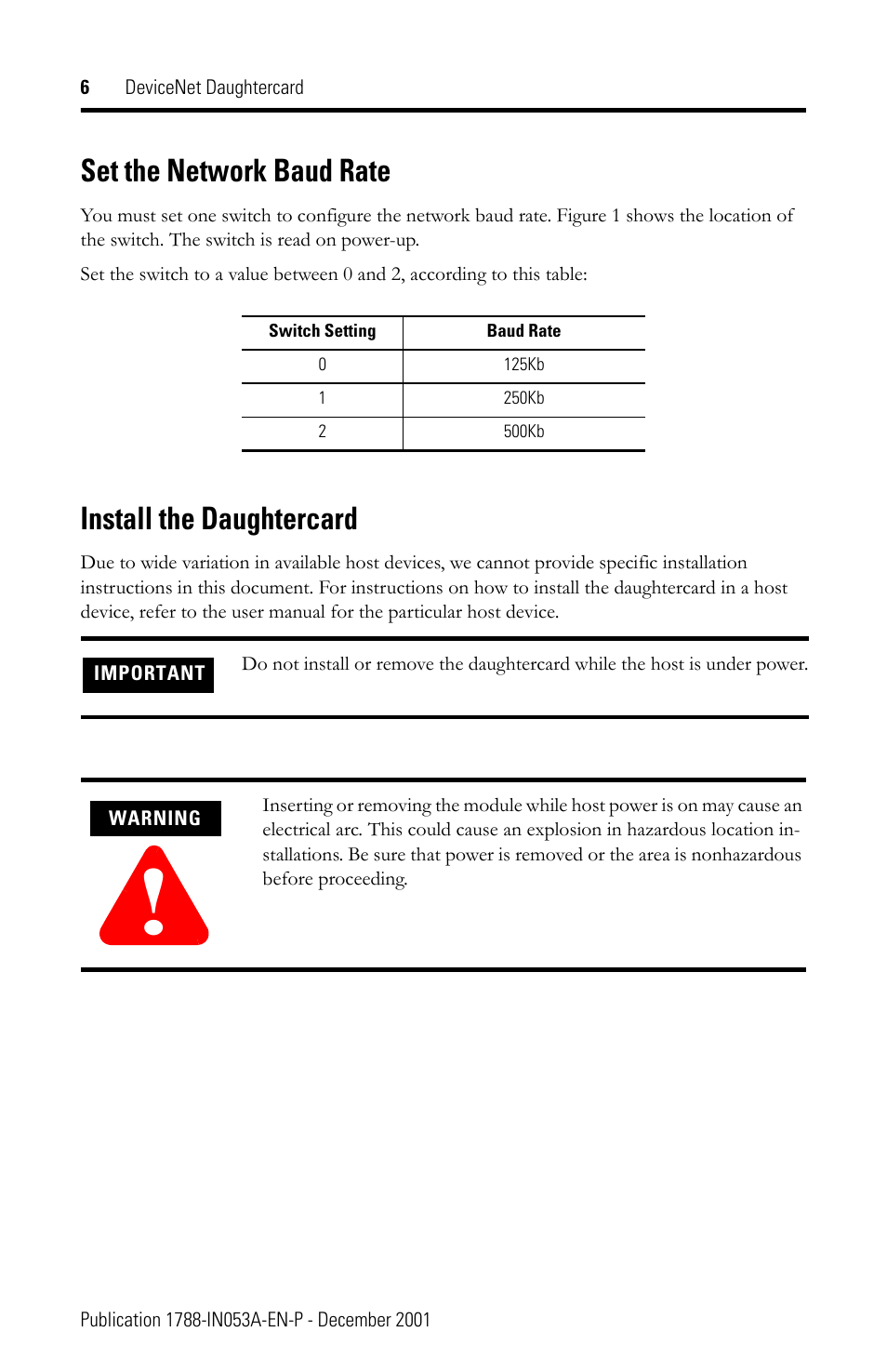 Set the network baud rate, Install the daughtercard | Rockwell Automation 1788-DNBO DeviceNet Daughtercard Installation Instructions User Manual | Page 6 / 16