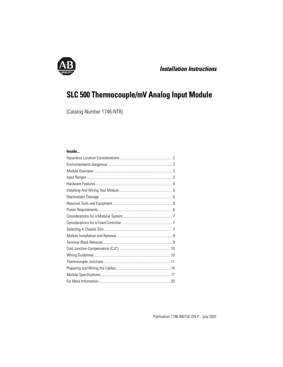 Rockwell Automation 1746-NT8 SLC 500 Thermocouple/mV Analog Input Module/ Instructions User Manual | 20 pages