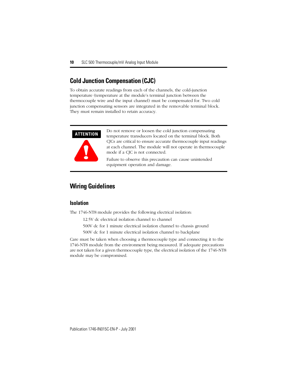 Cold junction compensation (cjc), Wiring guidelines | Rockwell Automation 1746-NT8 SLC 500 Thermocouple/mV Analog Input Module/ Instructions User Manual | Page 10 / 20