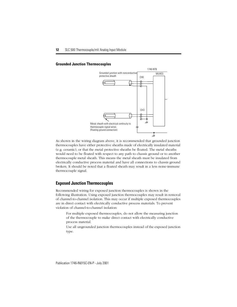 Exposed junction thermocouples | Rockwell Automation 1746-NT8 SLC 500 Thermocouple/mV Analog Input Module/ Instructions User Manual | Page 12 / 20