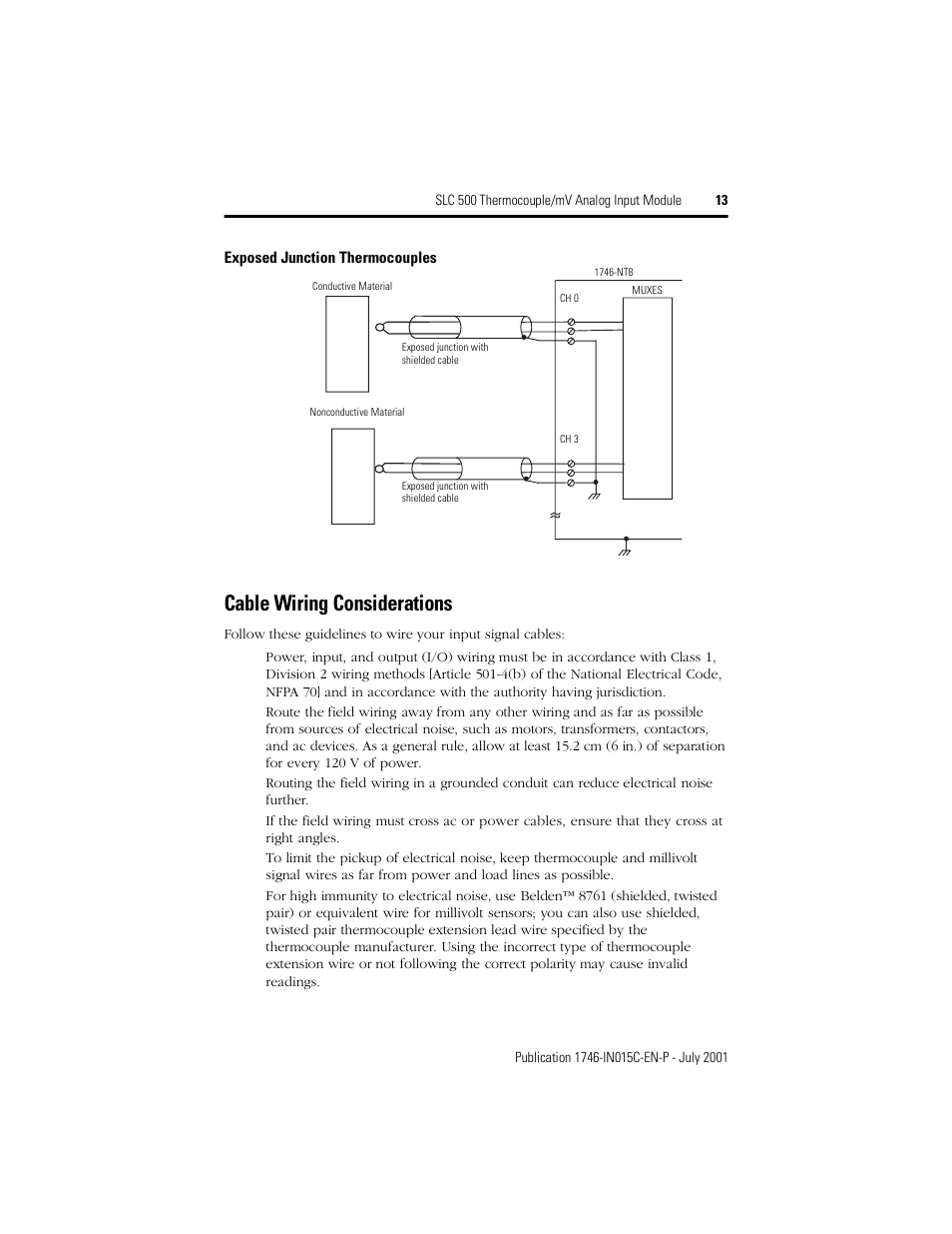 Cable wiring considerations | Rockwell Automation 1746-NT8 SLC 500 Thermocouple/mV Analog Input Module/ Instructions User Manual | Page 13 / 20