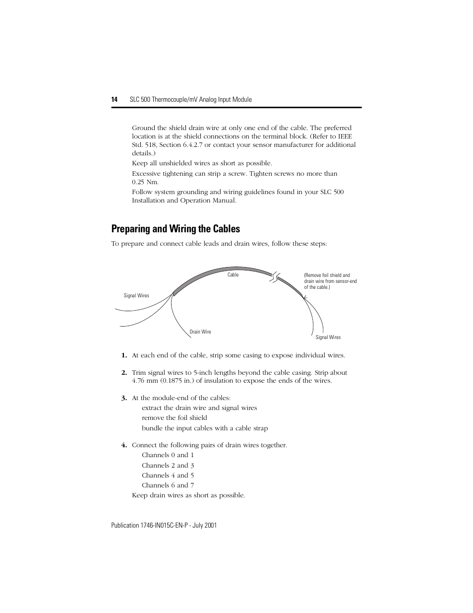 Preparing and wiring the cables | Rockwell Automation 1746-NT8 SLC 500 Thermocouple/mV Analog Input Module/ Instructions User Manual | Page 14 / 20