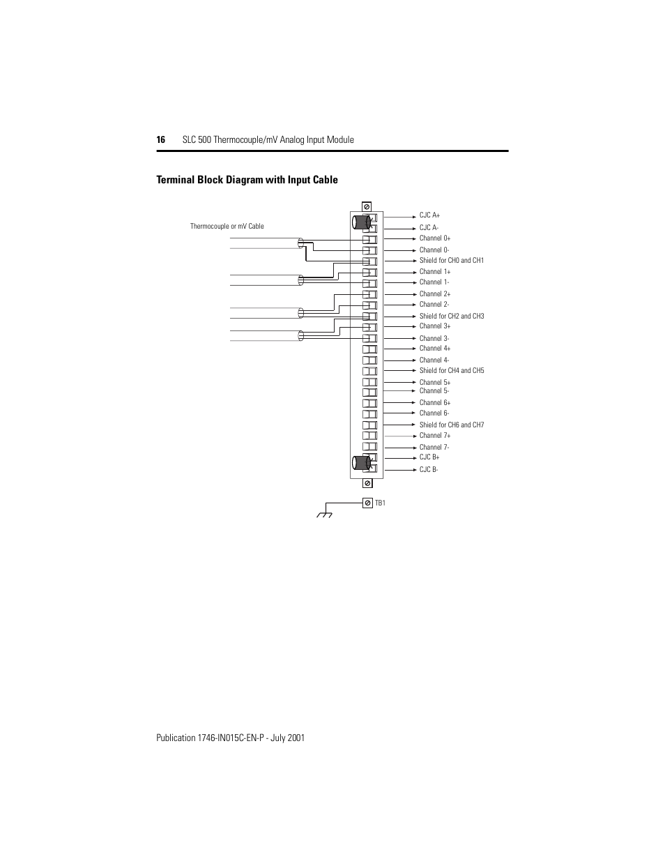 Terminal block diagram with input cable | Rockwell Automation 1746-NT8 SLC 500 Thermocouple/mV Analog Input Module/ Instructions User Manual | Page 16 / 20